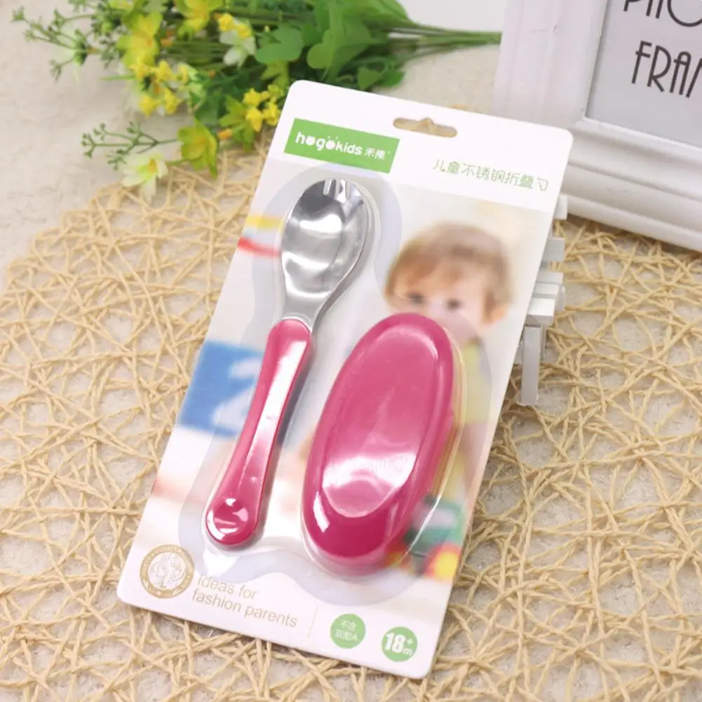 Kuulee Baby Feeding Spoon Foldable Spoon Stainless Steel Portable Kids Tableware stainless steel+ABS safe - Цвет: red
