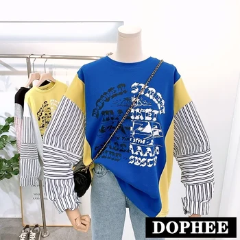 

Korean Spring and Autumn New Women Stitching Striped Printed Letter Loose Long-Sleeved Sweater casual hoodie students sweatshirt