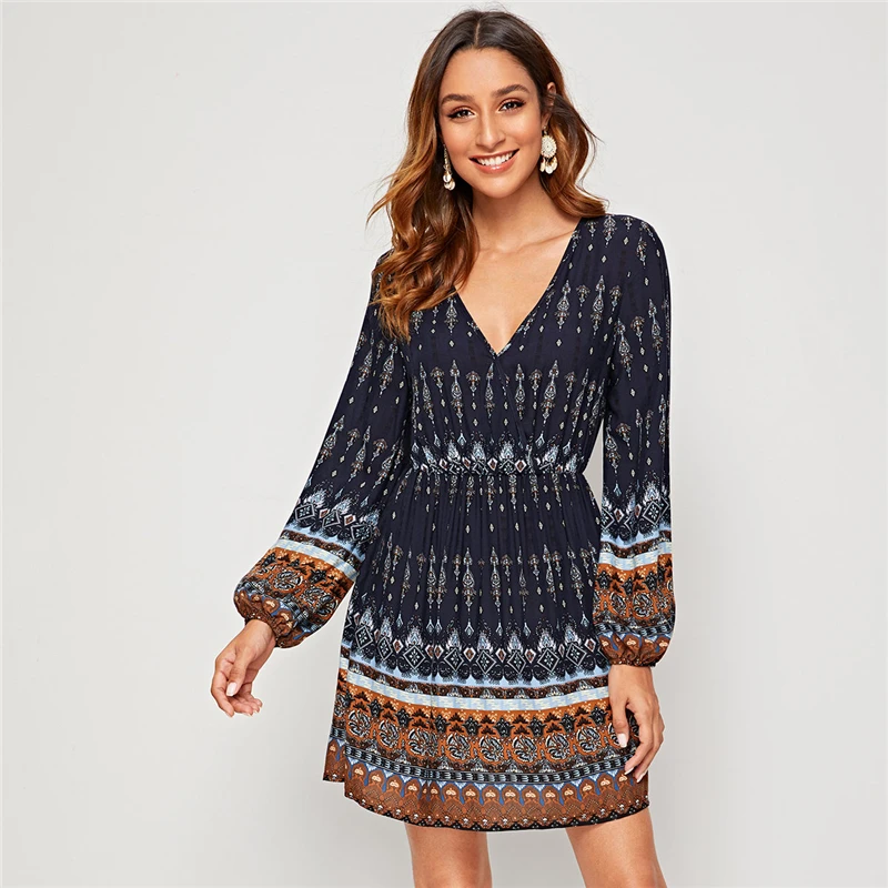 SHEIN темно-синее платье с v-образным вырезом и этническим принтом Boho трапециевидной формы для женщин осенние праздничные короткие платья с рукавом-Бишоп с высокой талией для дам