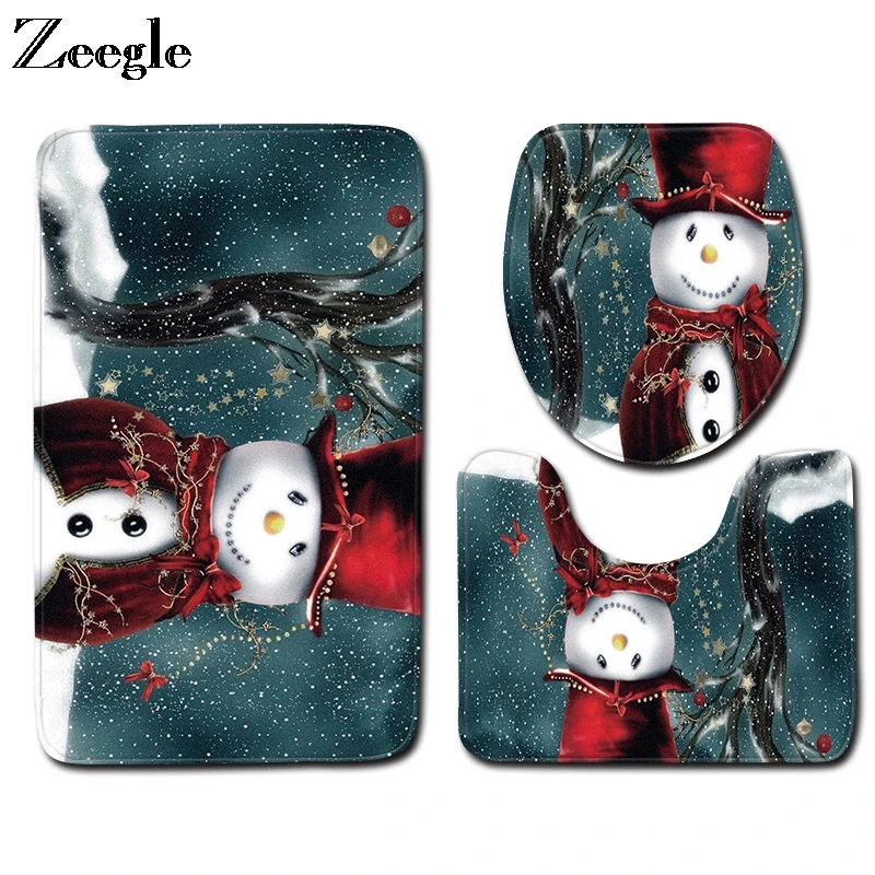 Zeegle Christmas 3pcs Bath Mat Set Flannel Soft Toilet Cover Seat Mat Non-slip Toilet Pedestal Rug Absorbent Toilet Bathroom Rug