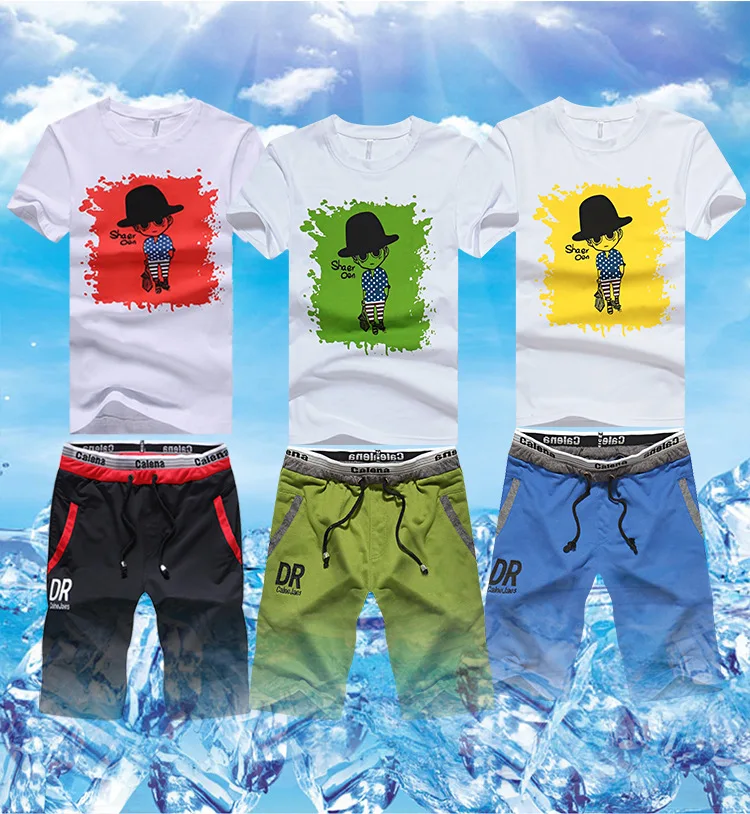 Summer Men Set Casual 2PC Print Cartoon People Pattern Fitness Male Tracksuit Clothing T-Shirt + Shorts Moletom Masculino 2020