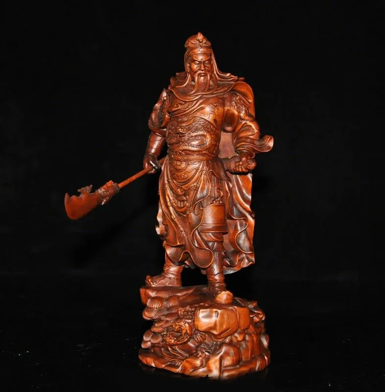 

wedding decoration 10" Old Chinese Boxwood Wood Carved Dragon Guanyu Guan Gong Generals God Statue