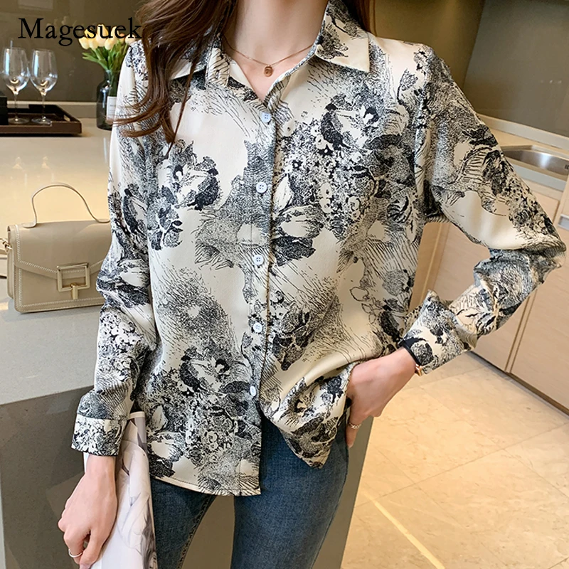 

Vintage Ink Printing Turn-down Collar Button Up Shirt Women Long Sleeve Blouse Mulberry Silk Satin Shirt Autumn New Blusas 17912