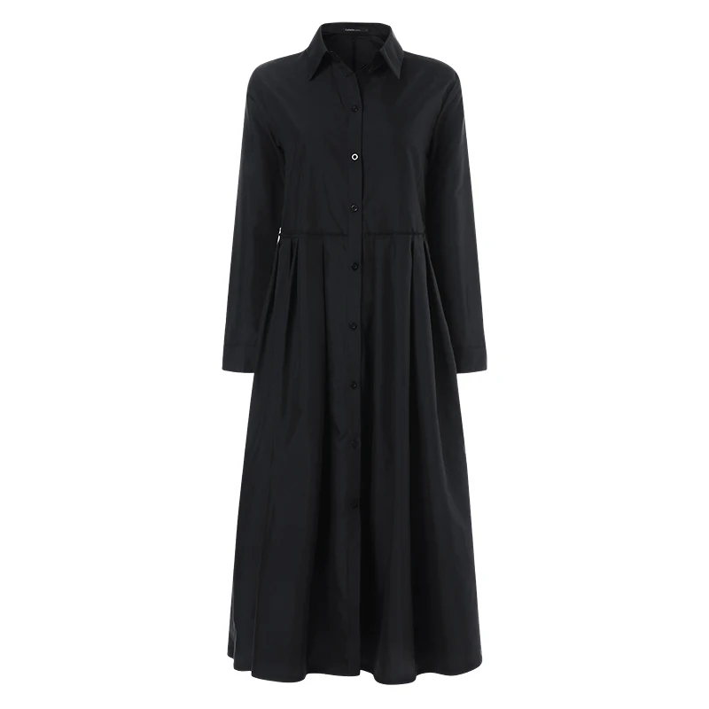 Винтажное женское Плиссированное повседневное длинное платье-рубашка, весна-осень, с длинным рукавом, на пуговицах, макси платье размера плюс, свободное, Vestidos S-5XL - Цвет: Черный