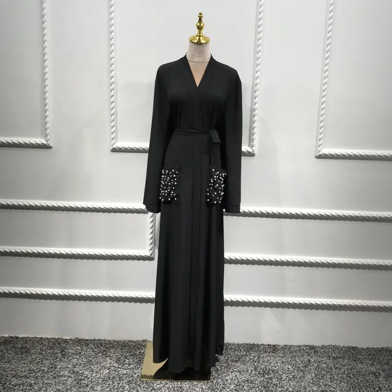 Жемчуг карман абайя, кафтан Robe Femme мусульманский кардиган платье Абая для женщин Восточный халат из марокена Ближнем Востоке Исламская Костюмы - Цвет: black
