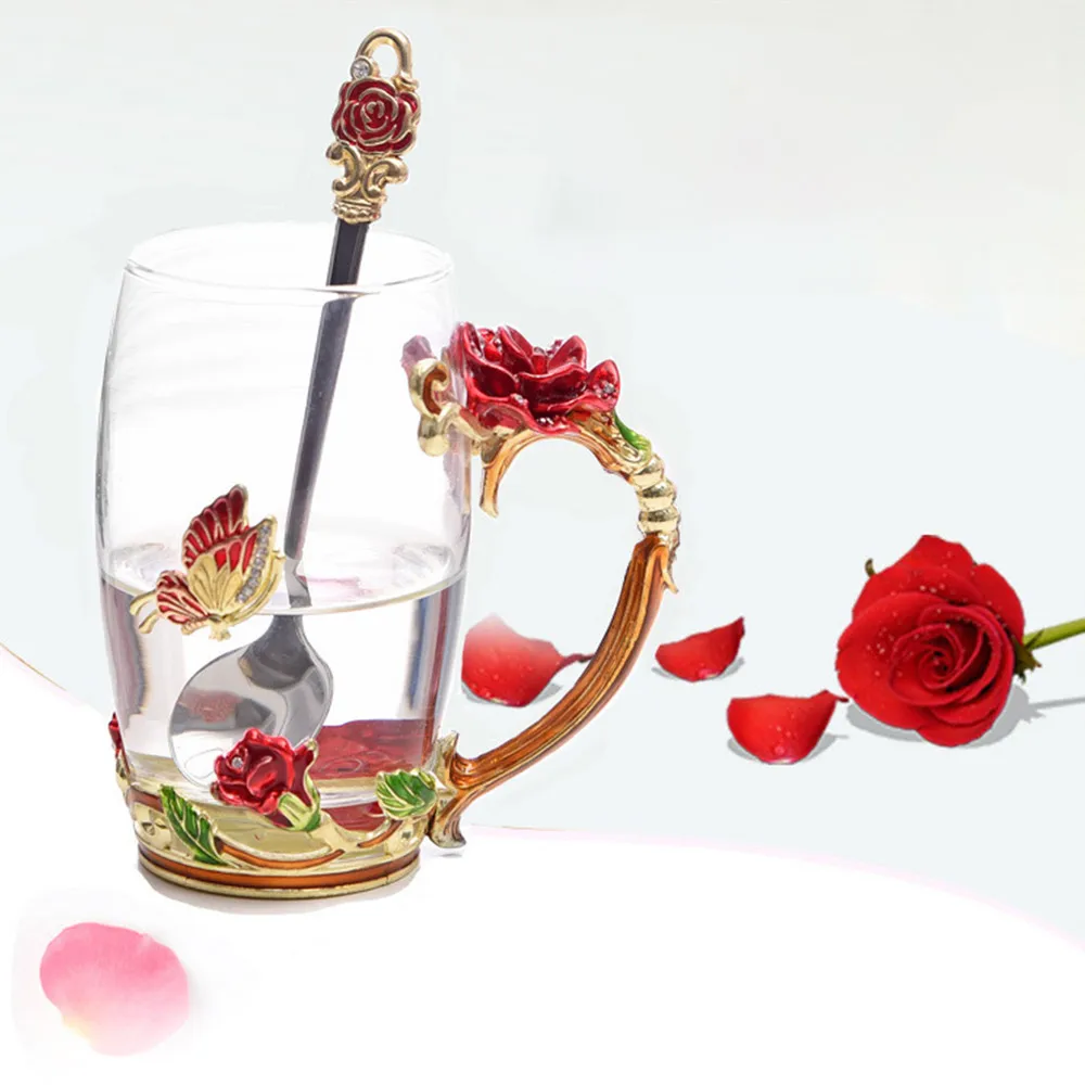 Эмалированная Хрустальная чашка прозрачная стеклянная кофейная чайная кружка красная синяя Роза Высококачественная стеклянная чашка с рукояткой и ложкой идеальный подарок