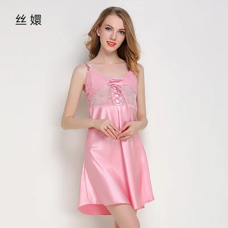 

Spring And Summer Women's Imitated Silk Fabric Nightgown Sexy Strapped Dress Lace Lace-up Pajamas Tracksuit