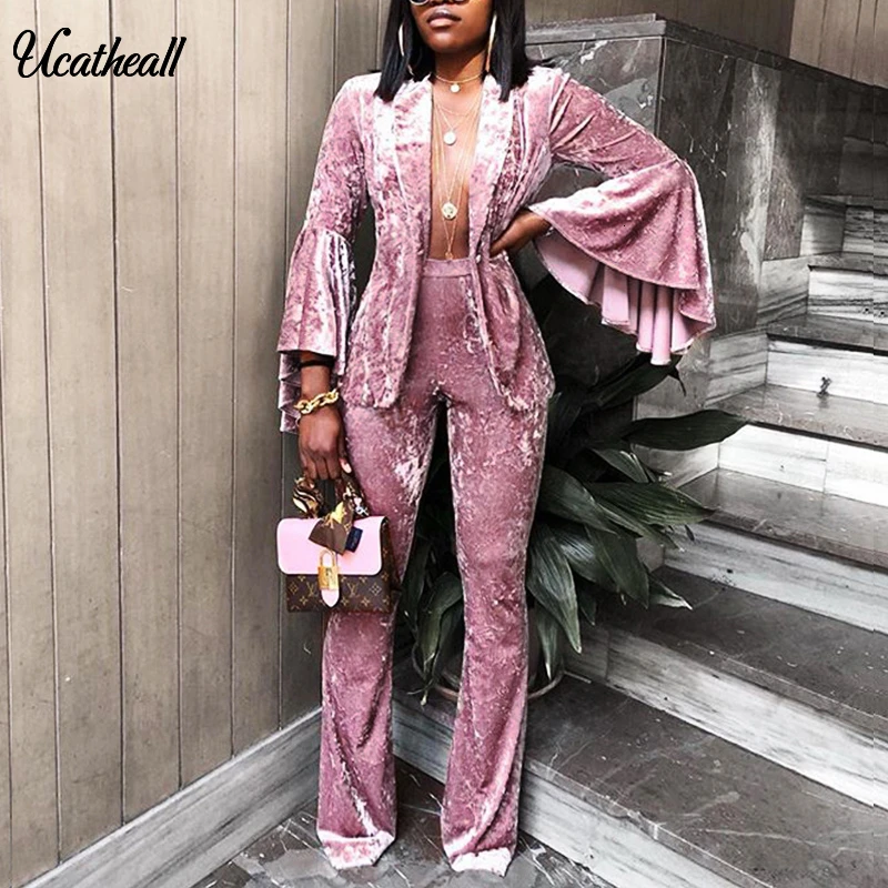 

Fashion Velvet Jacket +pants Sets Women New Autumn Ruffle 2 Piece Set Women Long Sleeve Solid Two Pieces Sets Sportswear