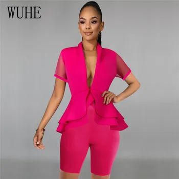 

WUHE Women Two Piece Set Business Suit Sexy V Neck Mesh Short Sleeve Ruffles T-Shirt+Shorts Suit Summer Work Wear Outfits