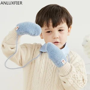 H10051 Children Gloves Winter Boys Girls Warm Plush Mittens Kids Hanging Neck Cute Cartoon Korean Simple Thickened Hand Muff