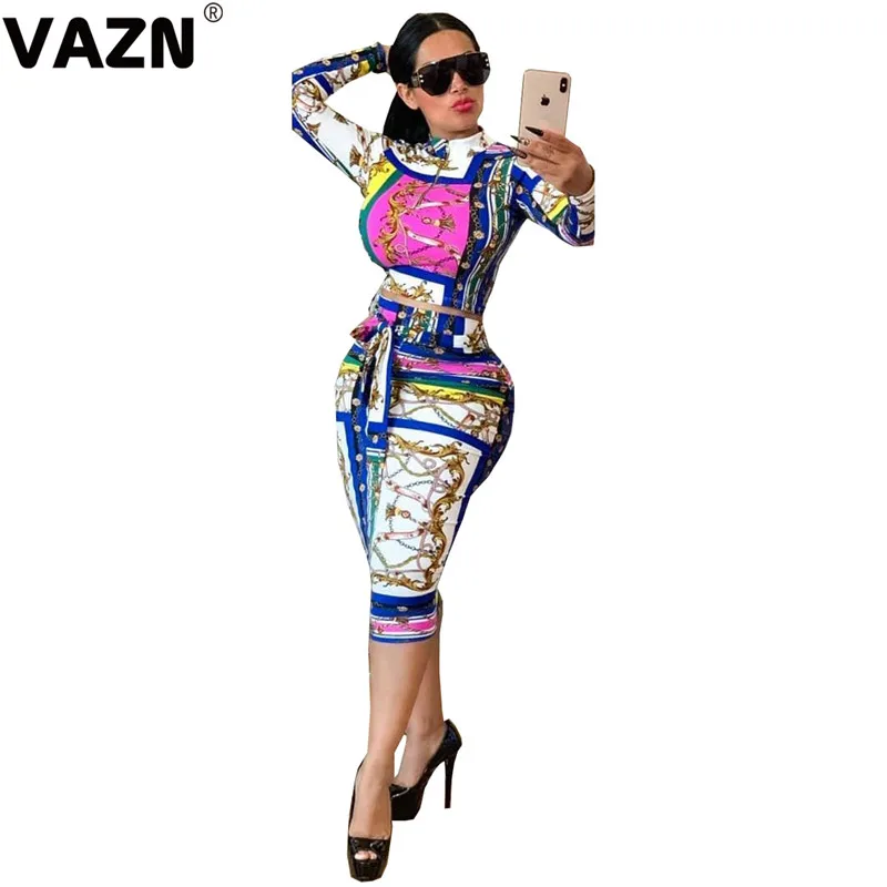VAZN OJS9167 белый модный элегантный Drees Повседневный Женский комплект из 2 предметов с принтом Топ с длинным рукавом и круглым вырезом Платье До Колена Женский комплект