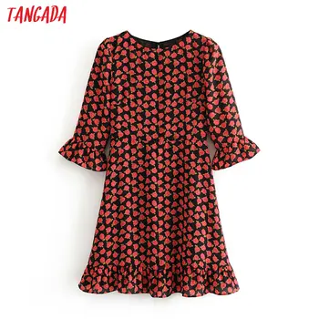 

Tangada fashion women rose print chiffon dress three quarter sleeve ladies vintage short dress vestidos 6M09