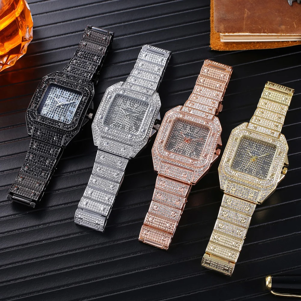 Super Shine Hip Hop Iced Out Men Watch Square Diaond Quartz Mens Wrist Watches Gold Roan Calendar Steel Clock_voghion.com