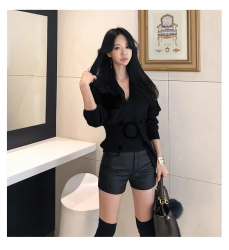 Double Breasted Short Cardigan Belt Waist Sexy V Neck Sweater Korean Knitted Short Jacket