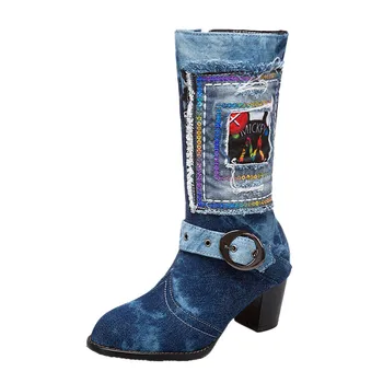 

Denim Women Shoes Round Toe Thick Heel Western Knight Middle Tube Boots Plus Size Booties Cowboy Boots Fashion Plus Size 43