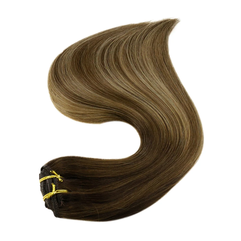 Full Shine Clip in Remy Hair Extensions Double Wefted Extension Blonde Highlight Ombre 100% Remy Human Hair Extensions Full Head 12