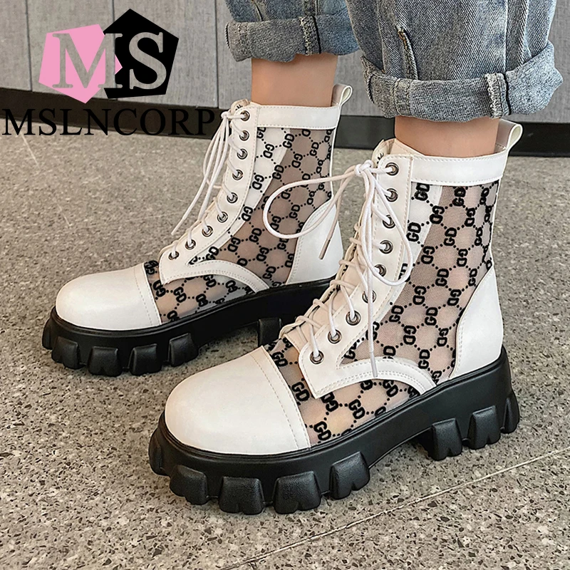 

Plus Size 34-46 Cool Lace-up Ankle Boots Leather Letter Mesh Zipper Female Pumps Spring Summer Round Toe Breathable Women Shoes