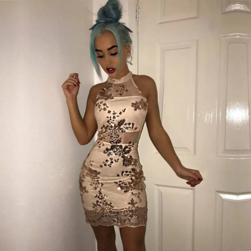 Robe De Soiree/Новое модное короткое коктейльное мини-платье с бретелькой на шее и блестками, 2019 сексуальные платья для выпускного с открытой