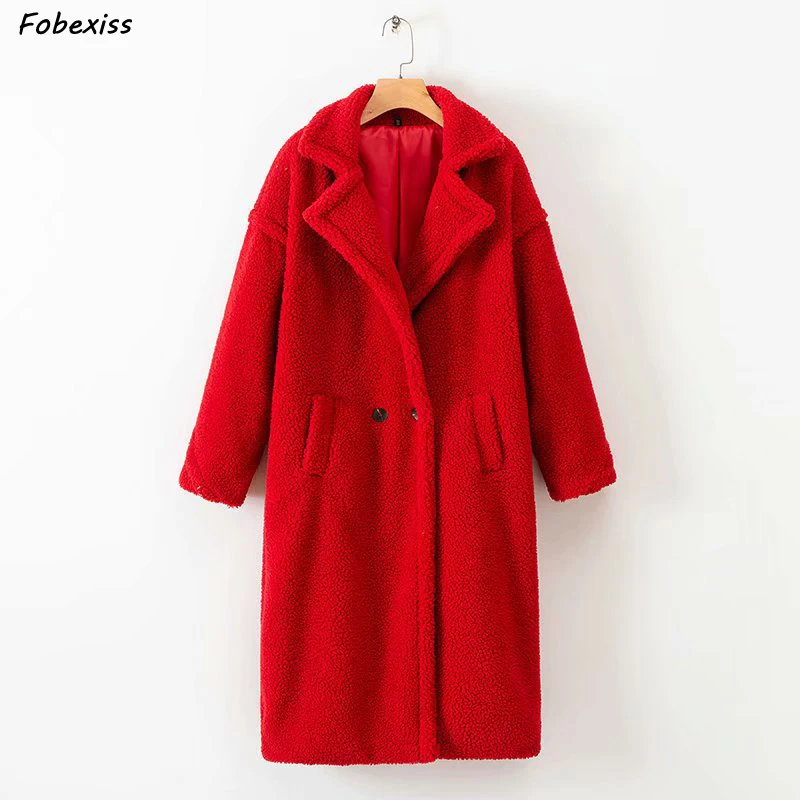 

Winter Coat Women Plus Size Loose Casual Double Breasted Teddy Cozy Coat Women Winter Elegant Sexy Red Wool Coat Office Lady