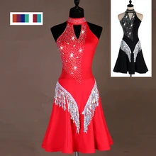 Костюм для латинских танцев блестящее черное платье с бахромой женское элегантное платье для румбы/Танго выступление костюм для латинских танцев DQL1252