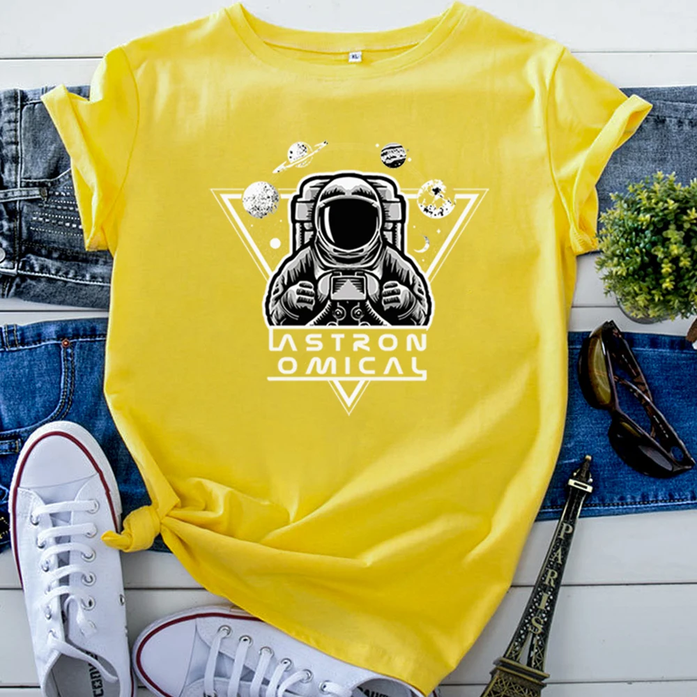 Cartoon Astronaut Personality Letters Print Womens Tshirtcotton Vintage Women Clothes Korean Style Solid Color T Shirt For Woman