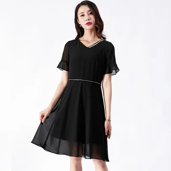 

2019Women summer elegant chiffon dress beaded midi dress V neck flare sleeve big size dress pinched waist vestidos plus size 5XL