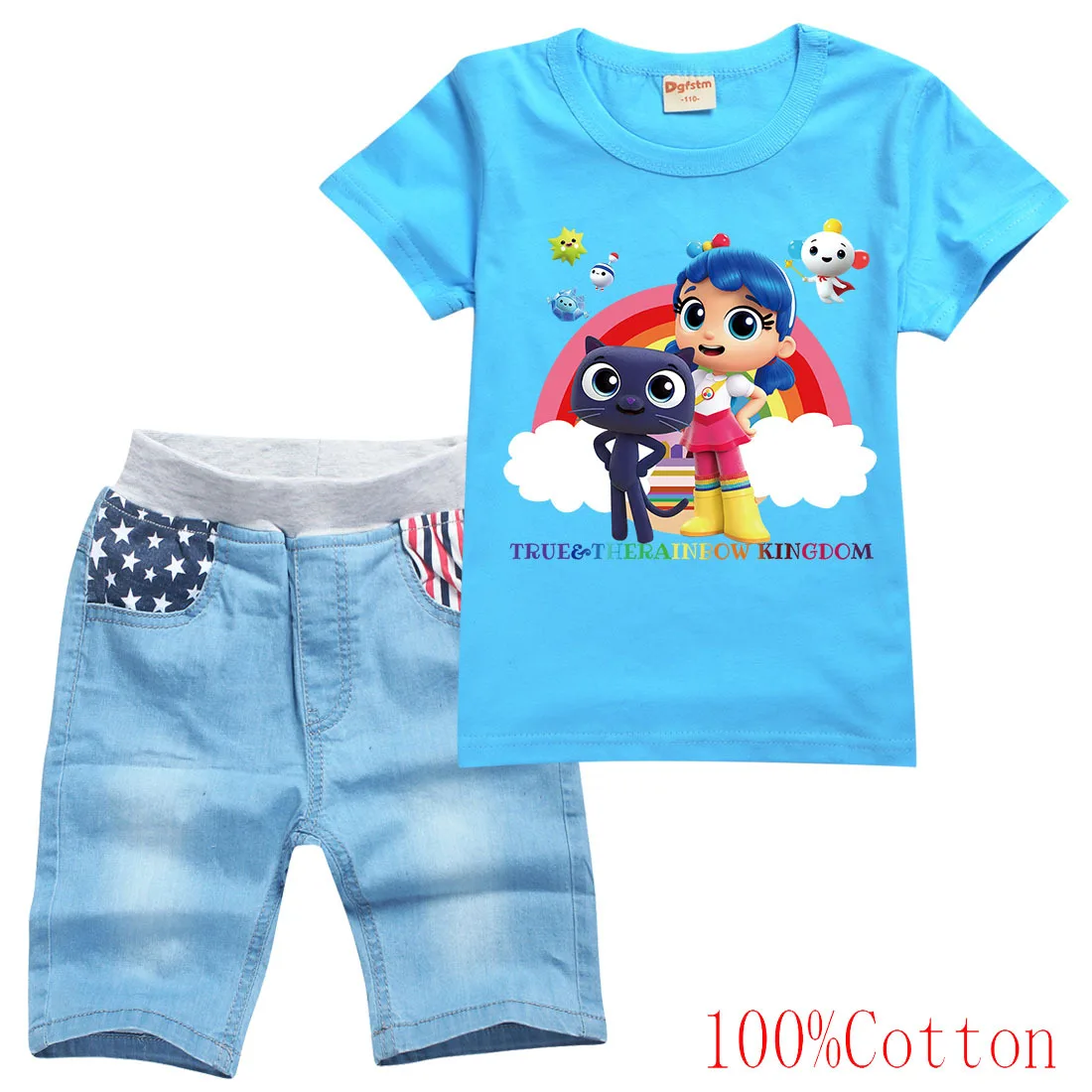

True Rainbow Kingdom Clothes Baby Girls Cartoon Short Sleeve T-Shirts Denim Pants 2pcs Set Boy TrackSuit Boutique Kids Clothing