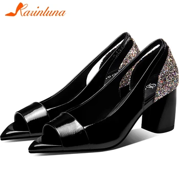 

KARINLUNA Brand Female Office Party Casual Sandals Peep Toe Bling High Heel Sandals Women Genuine Leather Summer Shoes Woman