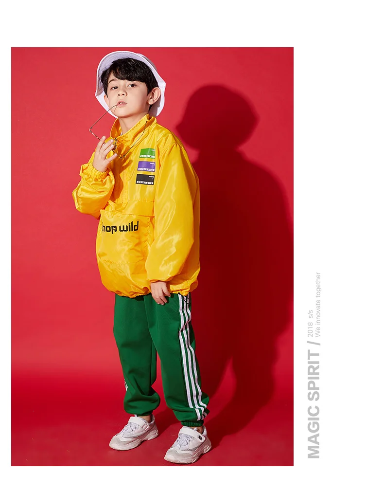 New Hiphop Kids Dance Costumes Children Yellow Tops+Green pant Drum T Stage Show Clothes Children's Street Dance Clothing BL1964