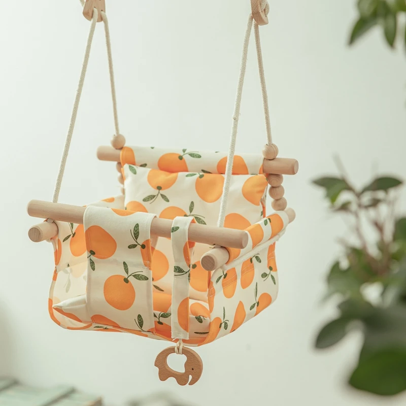 Wooden Hanging Swing Seat Adjustable Safety Canvas INS Portable Baby Cushion Hammock 0-12 Months Toddler Outside Swing Chair 2