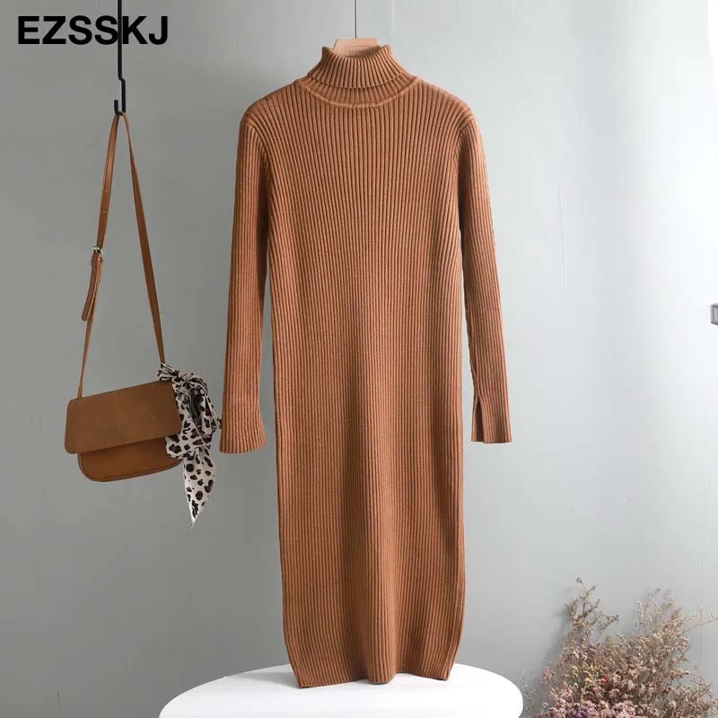 caramel colour Плотное тонкое осенне-зимнее длинное платье-свитер для женщин, женское платье-свитер с разрезом, простое длинное прямое платье-свитер с высоким воротником, шикарное - Цвет: caramel colour
