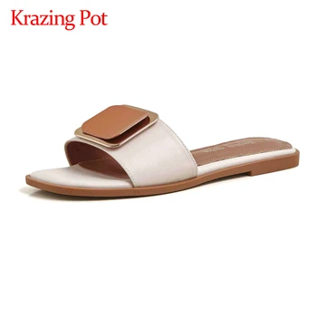 

Krazing pot new leisure high quality handmade real leather metal decorations square toe low heel women summer basic slippers L10