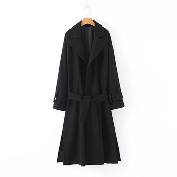 

2019 Women Black Outwear Blend Turn Down Collar With Belt Long Sleeve Female Coat Autumn Winter