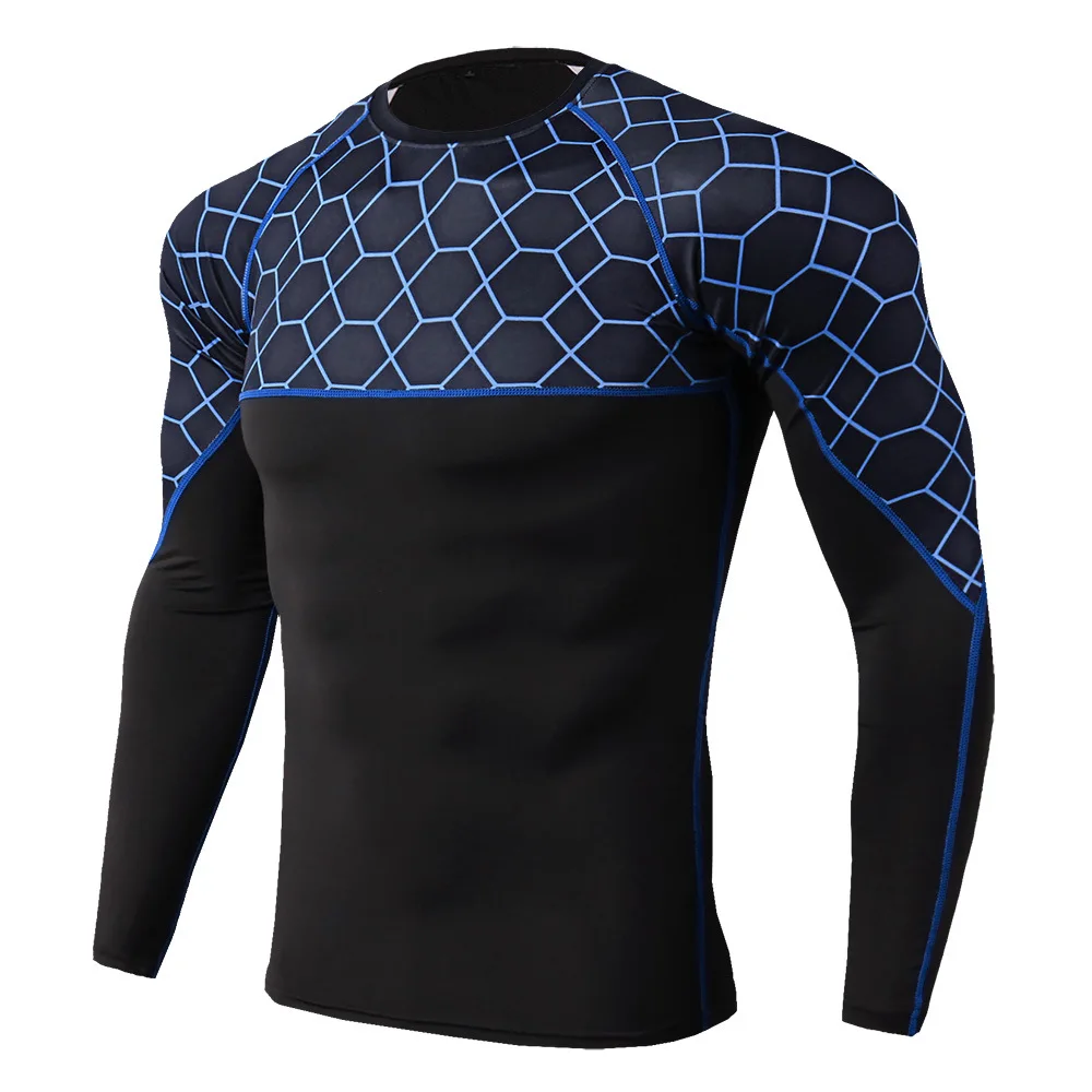 Мужской спортивный костюм для бега, мужская спортивная одежда для бега, для спортзала, фитнеса, тренировочный костюм, компрессионная футболка с сеткой и штаны, костюм - Цвет: TCF76 Line blue