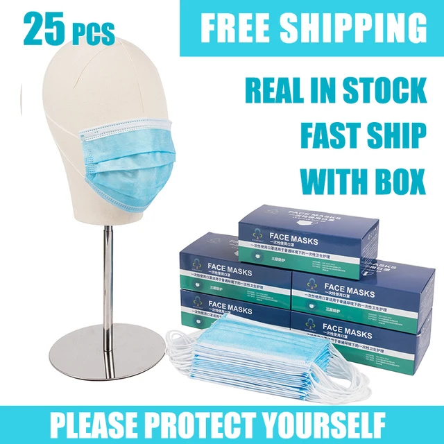 US $12.61  25 Pcs Disposable Face Mask 3-layer Earloops Mask Adult Non-woven Fabric Antivirus Mask Facial Dust