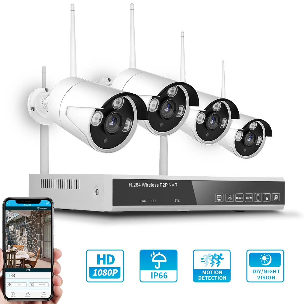 

4CH NVR 4 Cameras 2.0MP 1080P Wireless NVR Kit Security Surveillance System WIFI Home Security Camera Monitor Surveillance Kit