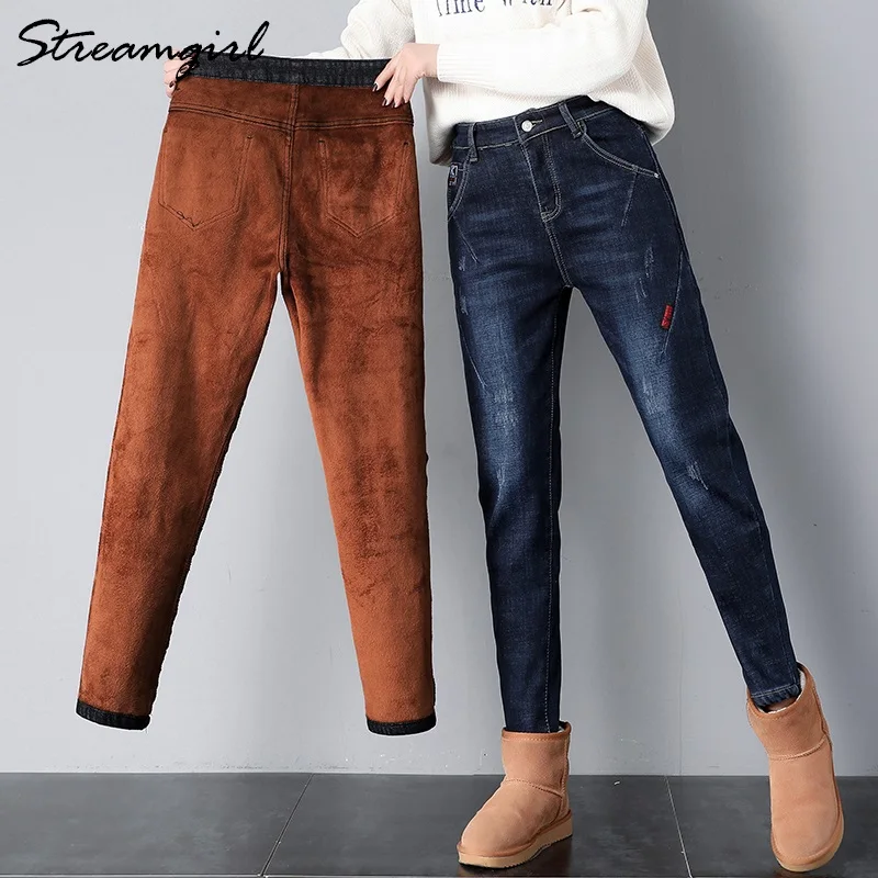 Tanie Streamgirl kobiety ciepłe dżinsy Plus rozmiar Feminino zimowe wysokiej zwężone Boyfriend Jeans polar dla kobiet Jean z polaru spodnie jeansowe