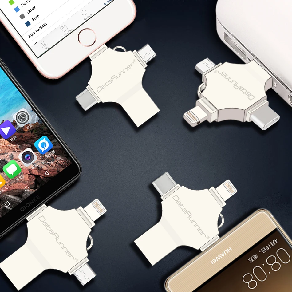 DataRunner 128 ГБ USB флеш-накопитель OTG 4 в 1 iOS/Micro usb/type C/USB 3,0 флеш-накопитель 16 ГБ 32 ГБ 64 ГБ Флешка USB флешка флэш-диск