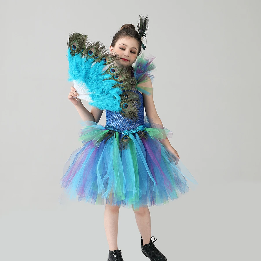 Couture Royal Peacock Girls Tutu Dress with Feather Clip Peacock Bird Carnival Fancy Dress for Kid Halloween Party Purim Costume (10)