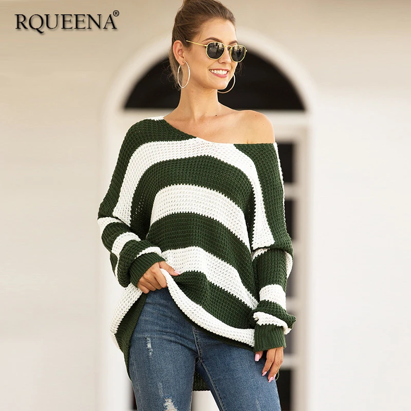 RQUEENA женские свитера Осень-зима 2019 женский свитер с v-образным вырезом полосатый