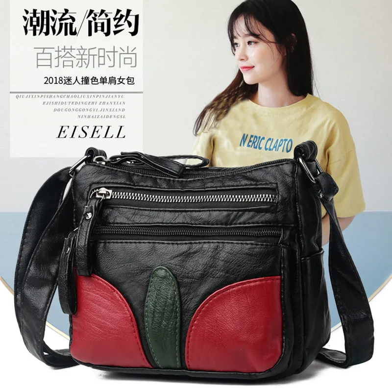 

New Style Middle-aged WOMEN'S Bag Soft Leather Shoulder Bag Versitile Fashion Women's Square Sling Bag Women's Washed Leather Sh