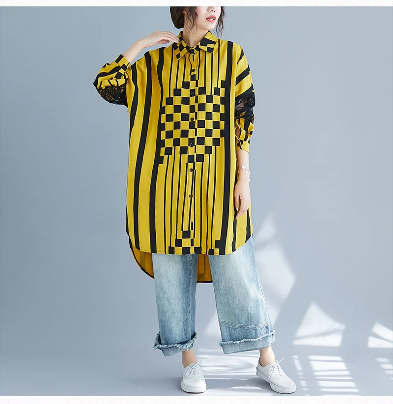 Большие размеры 4XL 5XL 6XL Хлопок Кружева сращивания Винтаж полосатый длинный кардиган осень женские блузки рубашки Roupa Feminina Новинка