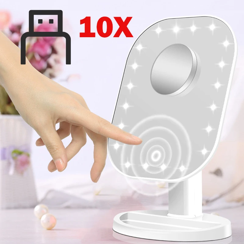Зеркало для макияжа 20 светодиодный светильник сенсорный экран 1X 10X лупа зеркало для макияжа настольная столешница яркий регулируемый USB кабель или батарея - Цвет: 1X  10X