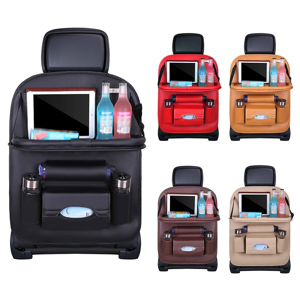 Car Accessories Universal Car Seat Back Organizer Leather Holder Car Trunk Bag Folding Table Pad Chair Auto Storage Pocket Box