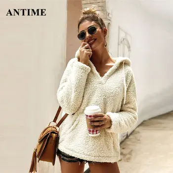 

Antime Faux Fur Hooded Hoodies Women Sweatshirts Long Sleeve 2019 Autumn Winter Casual Thick Fleece Fleece Plus Size Pullover