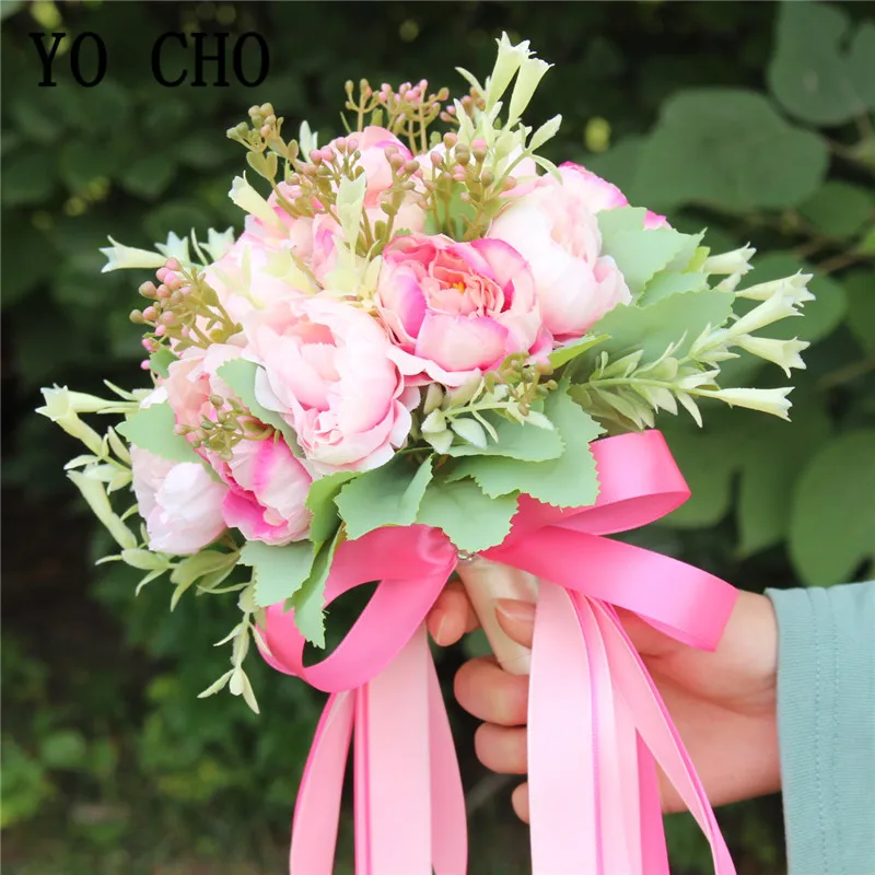 YO CHO Bridal Bouquet Flower Artificial Silk Peony Champagne White Flower Bouquet Handmade Peony Bridesmaids Wedding Bouquets