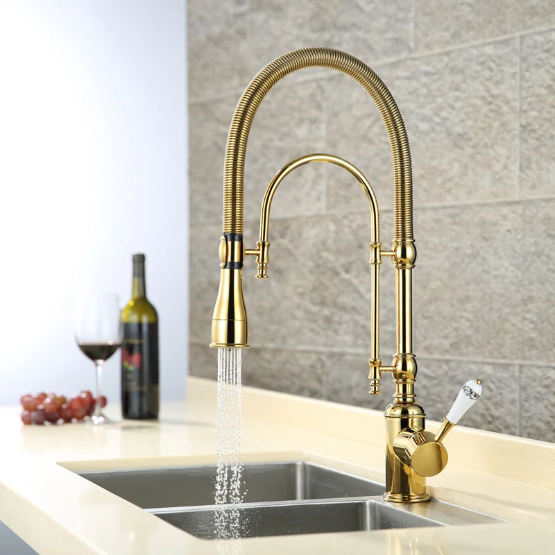 Gold Kitchen Sink Faucets Hot & Cold Brass Rotating Mixer Tap Pull Out Spray Nozzle Single Handle Dual Effluent Mode Deck Mount chrome kitchen sink faucet universal hose multi mode spout wall mount cold hot water mixer kitchen washbasin tap