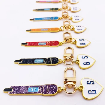

1Pc Kpop Microphone Model Keychain High Quality Gold Metal Keyring Pendant Bangtan Boys Name Key Chain Accessories