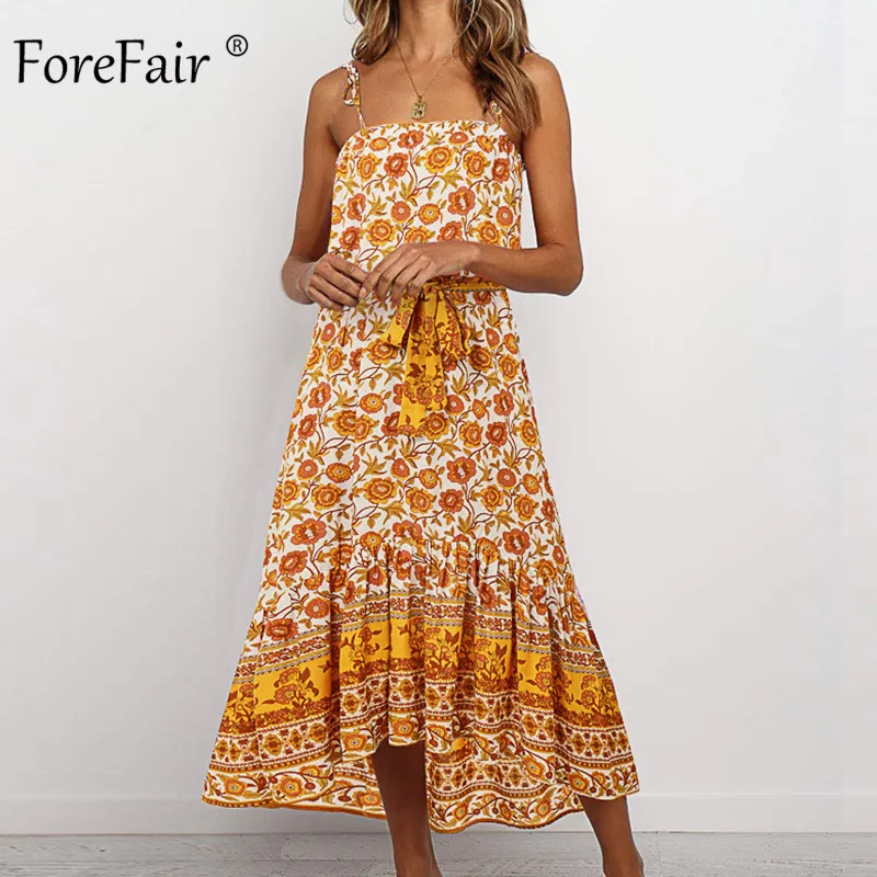Forefair Ретро пляжное Цветочное платье на тонких бретельках Лето сарафан Бохо Васит завязывается размера плюс желтое фиолетовое Сексуальное Женское Платье - Цвет: Yellow Dress