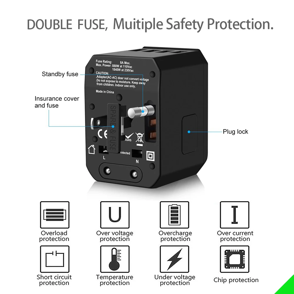 Adaptador de Viagem tipo c Adaptador de Alimentação para Plugues de Viagem Conversor para a ue Carregador de Viagem Universal Reino Unido au 4usb Eua - Image 3